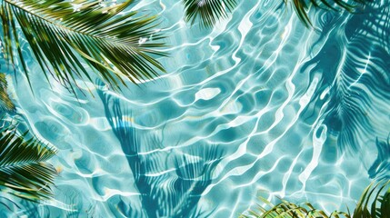 Wall Mural - 3D rendering of palm leaves shadow on the water surface in a swimming pool with a light blue background. High quality photo