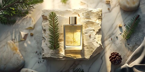 Wall Mural - Elegant packaging mockup Beige perfume bottle on natural stone background. Concept Packaging Design, Mockup Presentation, Perfume Bottle, Beige Color, Natural Stone Background