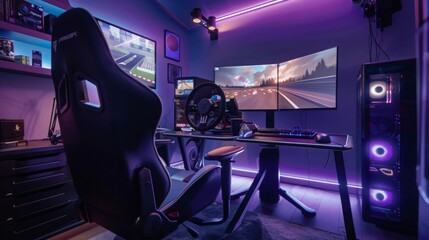 A gaming setup with purple LED lights, a racing wheel, and a high-end gaming PC. The room is dark, and the only light comes from the LED lights and the computer screens.