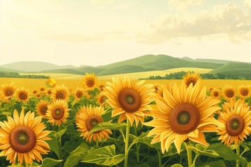 Poster - Modern illustration field of sunflower agriculture backgrounds landscape.