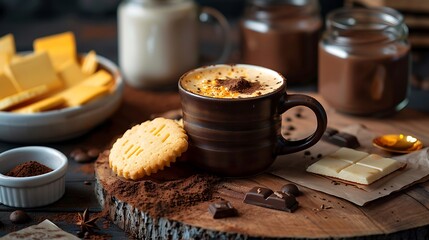 Cup of coffee with cheese biscuit on a wooden board and glasses with coffee powder and chocolate in the background