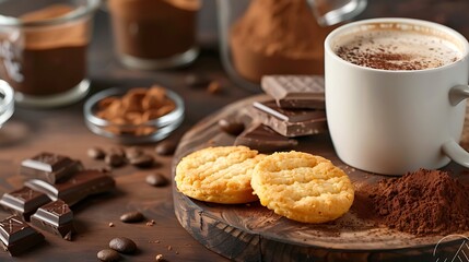 Cup of coffee with cheese biscuit on a wooden board and glasses with coffee powder and chocolate in the background