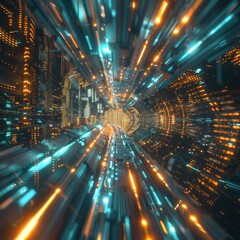 Wall Mural - Warp speed 3D rendering in a hyperloop with building lights blurring in a mega city at night. Represents next-gen tech, fintech, big data, 5G fast network, and machine learning.