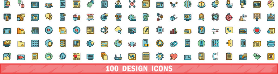 Wall Mural - 100 design icons set. color line set of design vector icons thin line color flat on white