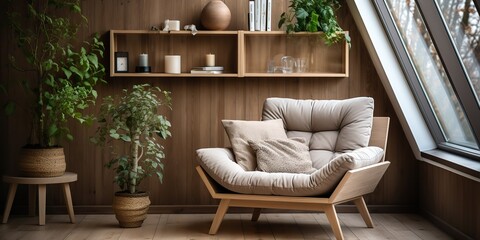 Wall Mural - Cozy minimal scandinavian cabinet with armchair plants and shelves on background. Light decoration scene