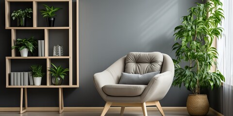 Wall Mural - Cozy minimal scandinavian cabinet with armchair plants and shelves on background. Light decoration scene