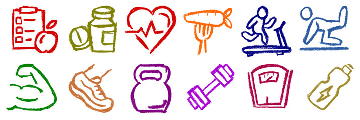 Wall Mural - fitness gym related icons chalk crayon drawing