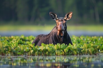 Wall Mural - A female Cow Moose enjoys dining on the aquatic plants as the sun begins to se on a northern Maine Lake.