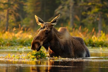 Wall Mural - A female Cow Moose enjoys dining on the aquatic plants as the sun begins to se on a northern Maine Lake.