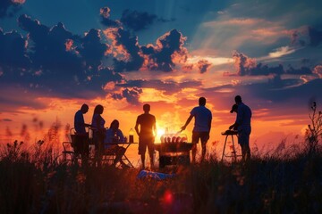 Wall Mural - People party camping with BBQ grilling meat bbq outdoors cooking.