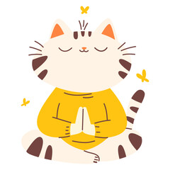 Flat vector illustration in children's style. Cute cat sitting in lotus pose and meditating . Vector illustration