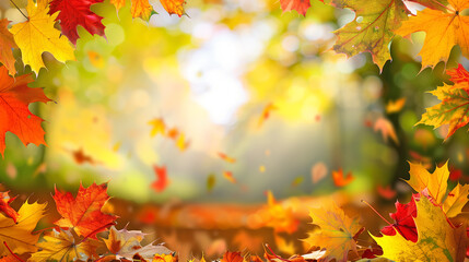 Wall Mural - frame of red and yellow falling leaves in sunny park, autumn natural background