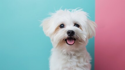 Wall Mural - cute white fluffy face of domestic dog isolated on colorful background