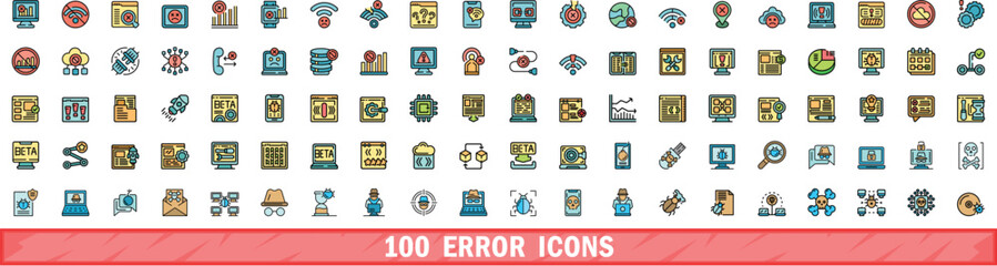 Wall Mural - 100 error icons set. color line set of error vector icons thin line color flat on white