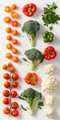 Wall Mural - Variation of organic vegetables, including tomatoes, broccoli, and cabbage, for a nutritious, healthy meal.