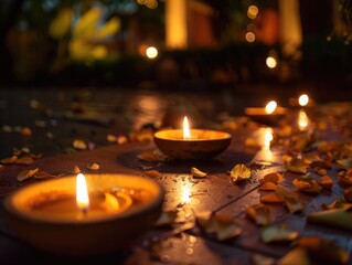 Wall Mural - Lit Candles on Wooden Table