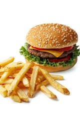 Wall Mural - A delicious meal of hamburger and French fries served on a clean white surface