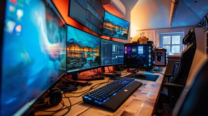 Poster - A modern home office workspace with a large desk, multiple monitors, a gaming chair, and a keyboard with RGB lighting.