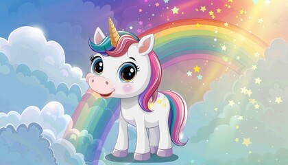 Poster - AI generated illustration of a white unicorn with big eyes standing in front of a rainbow