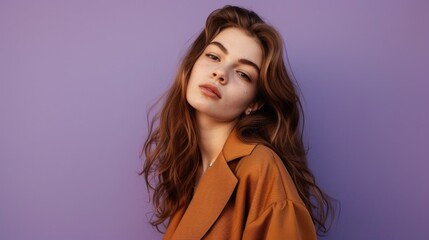 Wall Mural - A woman wearing a brown jacket and having long brown hair, suitable for use in editorial or personal contexts