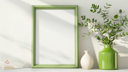 Poster - Green wooden picture frame with modern style and white backdrop