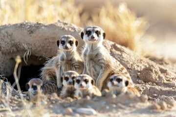 Canvas Print - Africa, Namibia, Keetmanshoop, Adult Meerkat protects pups (Suricate suricatta) while sitting outside burrow in Namib Desert