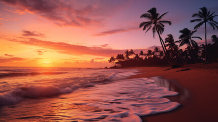 Wall Mural - Beautiful Sunset on a Tropical Beach with Palm Trees and Gentle Waves