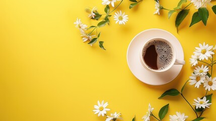 Canvas Print - Coffee table with floral design on yellow backdrop and text space