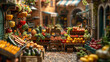 © Resonant Visions - A close-up of a miniature food market with tiny fruits, vegetables, and vendor stalls.