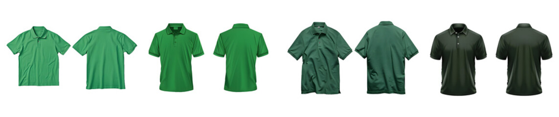 collection of Front and back green polo shirt mockup, Highly Detailed, cut out, isolated on transparent or white background, png