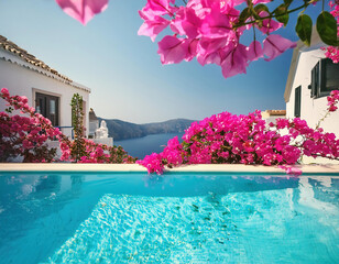 Wall Mural - Bougainvillea flowers near swimming pool at Santorini island, Greece