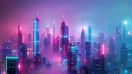 Wall Mural - futuristic city with towering skyscrapers and flying cars, neon lights, realistic, 8k, uhd