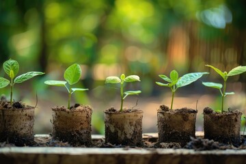 Young Trees Reforestation: Green Plant Bud Growing in Garden Pots