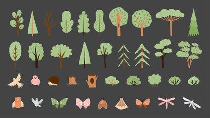 Woodland. Cute cartoon vector collection. Children set of hand drawn forest animals and trees with plants.