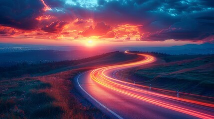 Stunning Sunset Road with Light Trails - Generative AI