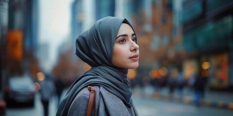 Wall Mural - Muslim model in a headscarf walks the street, embodying modern fashion and traditional beauty.