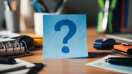 Blue sticky note with a question mark, surrounded by office supplies on a desk