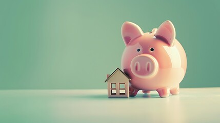 Wall Mural - Saving for a Dream Home - Piggy Bank and House Model on Pastel Jade Background