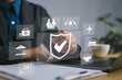© Nirusmee - Insurance online and warranty condition checklist concept, Businessman checklist use laptop and insurance icons, car, financial, health, Travel, Family, Accident protection, international credibility