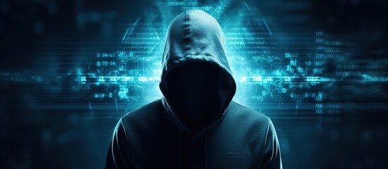 Mysterious Hacker Figure with Digital Background