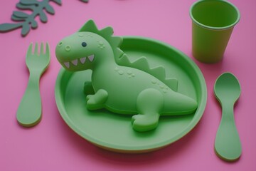 A small plastic dinosaur sits on a bright green plate