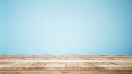 Poster - Wooden table top on blue background.