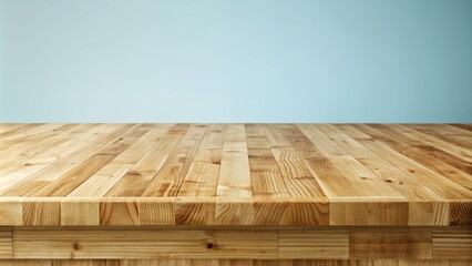 Poster - Wooden table top on blue background.