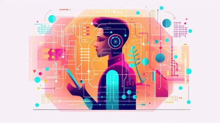 Innovation: Technology, Advancement, Modernization, Improvement, Breakthrough, person with a futuristic device, flat design illustration