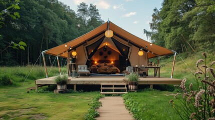 Luxurious glamping tent in serene countryside setting, perfect getaway