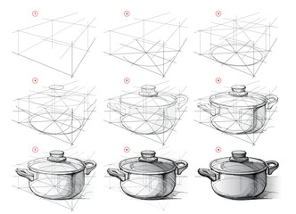 Wall Mural - page shows how to learn to draw sketch of a metal kitchen pan in perspective from life. pencil drawi