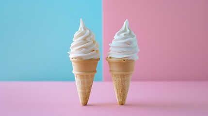 Wall Mural - Soft serve ice cream cones isolated on pink and blue background