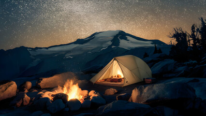 Wall Mural - Camping Atop the World Tent Fire and Stars