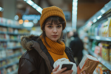 A thoughtful young woman with a phone stands in a grocery store aisle, surrounded by colorful product shelves.