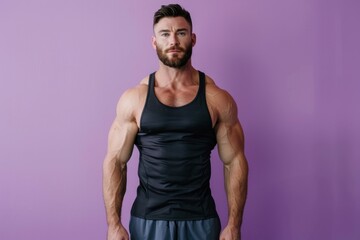 Sticker - Handsome muscular man in fitness outfit over color background